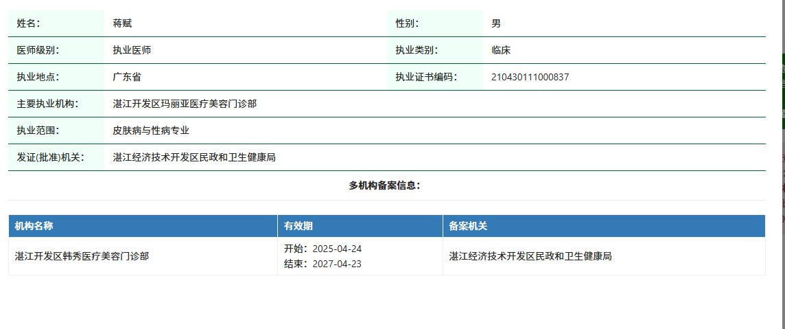 蒋赋医师执业证书编码210430111000837执业详情及多机构备案截图