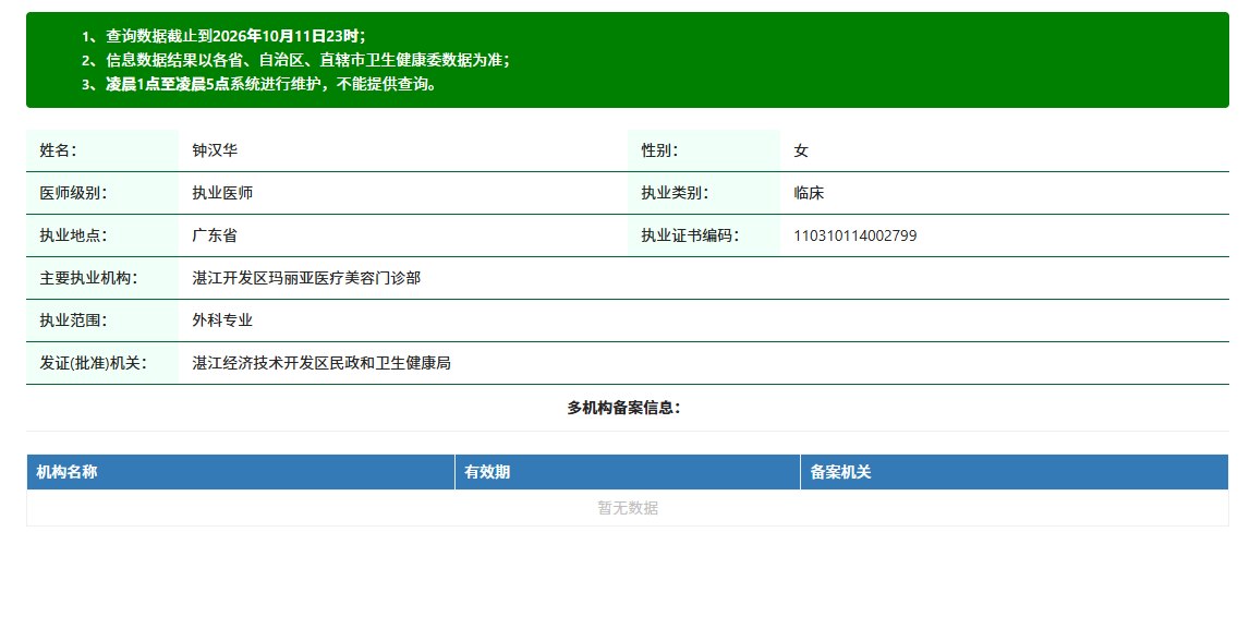 钟汉华医师执业证书编码110310114002799执业详情截图